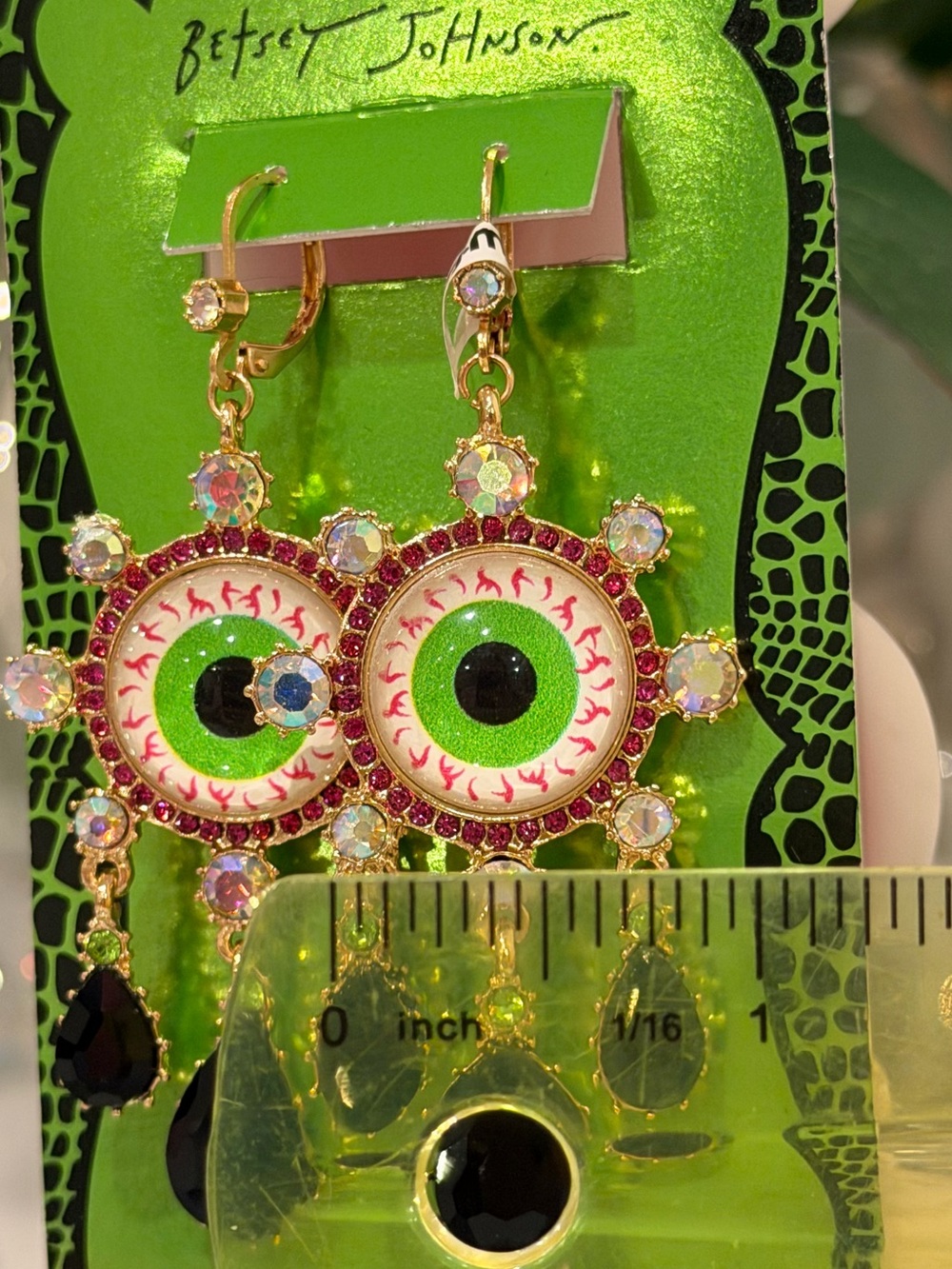 BETSEY JOHNSON DANGLE DROP EVIL EYE EARRINGS BLACK CRYSTAL TEARS HALLOWEEN NWT - Picture 8 of 10